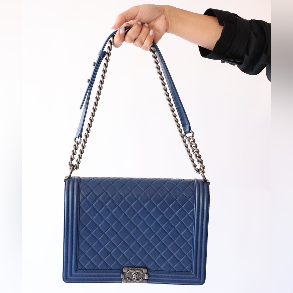 Calfskin Quilted Large Boy Flap Blue
